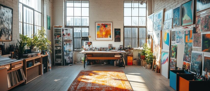 A well-lit and spacious art studio with a desk, shelves full of art supplies, and a large wall covered in colorful artwork.