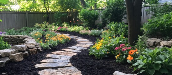 Obraz premium A stone path winds through a lush, colorful flower garden in a backyard.