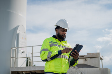 A man in a yellow safety jacket is looking at a tablet. He is wearing a hard hat and safety...
