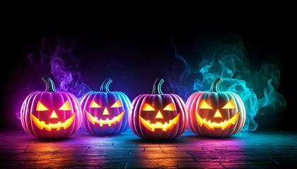 Pumpkin lanterns illuminated with neon light. Halloween background