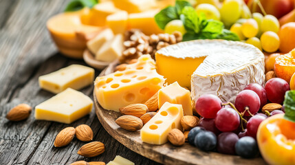 A wooden tray with a variety of cheeses, fruits, and nuts. The tray is set on a wooden table