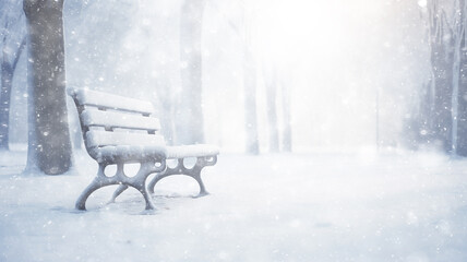 snowfall winter landscape, park bench, abstract background copy space, blurred light white snow falling, christmas postcard view