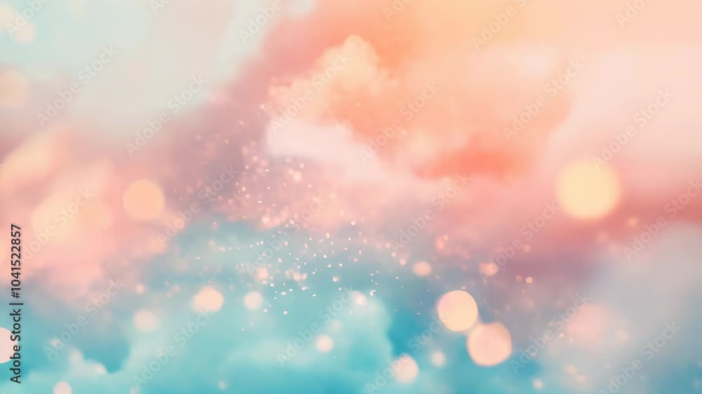 Poster soft pastel clouds in pink and blue, with delicate sparkling particles floating through, creating a 