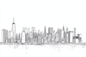 Fototapeta premium Vector line drawing of a city skyline on a white background, in a simple minimalistic style. 