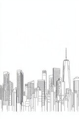 Vector line drawing of a city skyline on a white background, in a simple minimalistic style. 