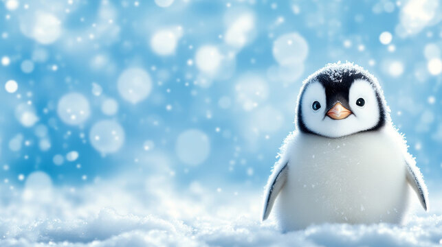 cute penguin chick stands in snowy landscape, surrounded by soft snowflakes and dreamy blue background. scene evokes sense of wonder and joy