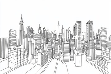 Fototapeta premium Vector line drawing of a city skyline on a white background, in a simple minimalistic style. 