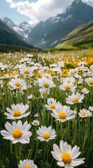 Fototapeta premium Witness natures perfection in a meadow with white blooms and mountain backdrop