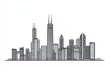 Vector line drawing of a city skyline on a white background, in a simple minimalistic style. 