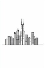 Fototapeta premium Vector line drawing of a city skyline on a white background, in a simple minimalistic style. 