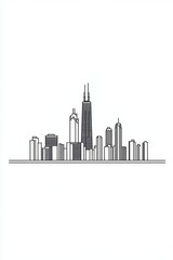 Fototapeta premium Vector line drawing of a city skyline on a white background, in a simple minimalistic style. 