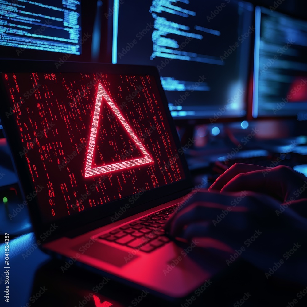 Poster a person coding on a laptop with red digital graphics and dark surroundings.