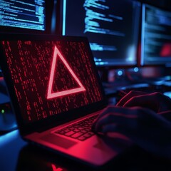 A person coding on a laptop with red digital graphics and dark surroundings.