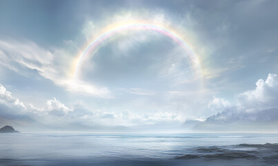 A serene seascape with a rainbow arching over a calm ocean and distant mountains.