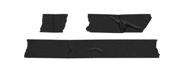 Set of duct tape lines, isolated black paper adhesive tape strips of different sizes on transparent background