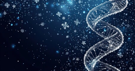 Obraz premium artwork featuring a white spiral DNA structure with snowflakes on a dark blue background evoking concepts of winter, technology, and science