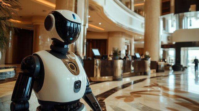 A robotic concierge assisting guests in a luxury hotel lobby, opulent and service-oriented setting with grand interiors and attentive staff, Luxury Hotel Concierge Robotics style
