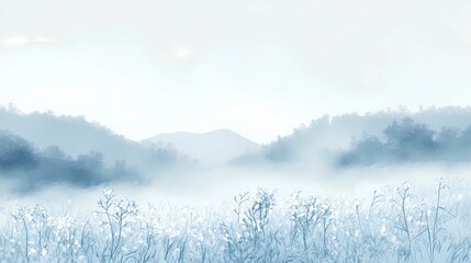 Foggy autumn field with soft mist covering the landscape, creating a peaceful and atmospheric scene perfect for nature and seasonal stock photography.