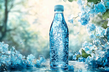 A clear glass bottle filled with sparkling mineral water, decorated with blue flowers.