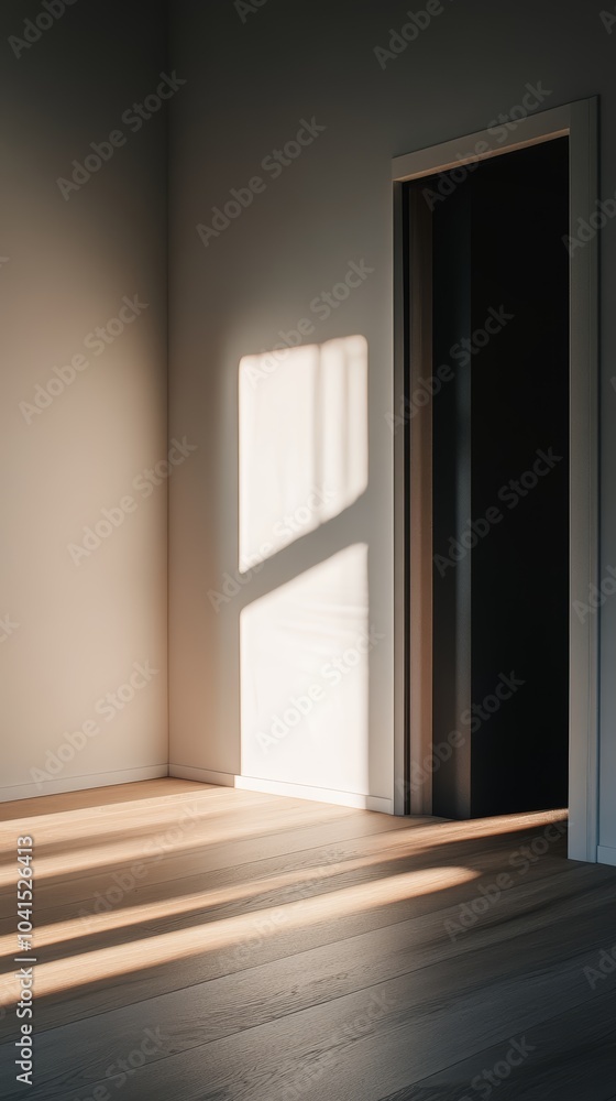 Poster sunlight streaming through a minimalist room with a doorway, creating serene shadows.