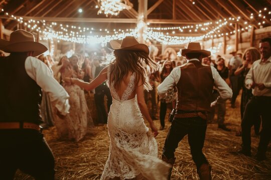 Rustic wedding celebration with lively dancing under twinkling lights