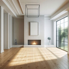 Obraz premium A modern living room with a fireplace, large windows, and hardwood floors