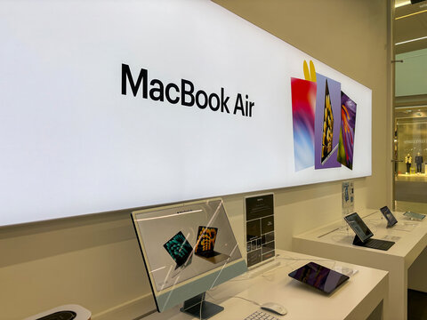 Apple authorized shop. The modern shop with apple products: Iphone, Macbook, Ipad, Apple Macbook air logo. Kazakhstan, Astana, October 21, 2024