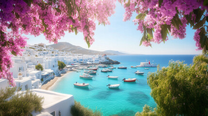 A blue and white building with a blue dome sits on a hill overlooking a body of water. The scene is serene and peaceful, with the blue dome of the building reflecting in the water