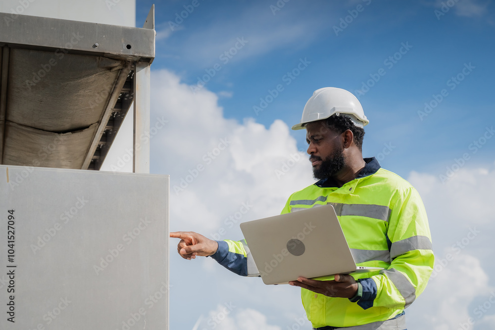 Wall mural a man in a yellow safety vest is pointing to a laptop computer. he is wearing a hard hat. electrical