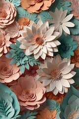 A close-up of a beautiful bouquet of paper flowers in shades of pink, peach, and teal