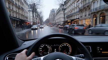 Naklejka premium A man with a beard drives in his car as fog rolls in and rain-soaked streets reflect the morning light in Paris