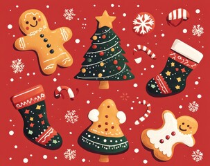 Naklejka premium Festive Christmas illustration featuring gingerbread cookies, stockings, and holiday decorations on a vibrant red background embodying warmth and joy
