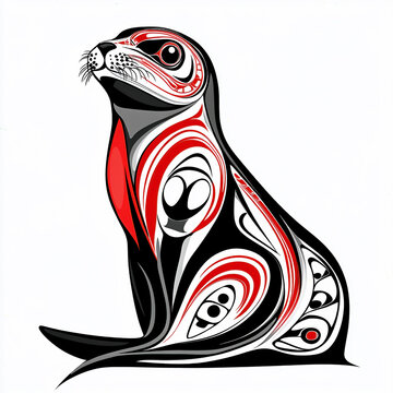 Traditional Inuit Eskimo Haida folk art of a stylized seal in textured black, white and red for logo or tattoo. Pacific Northwest Hida art.