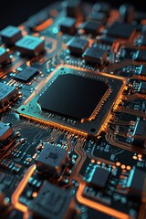 Obraz premium A close-up view of a circuit board with a central processor chip glowing with orange and blue light