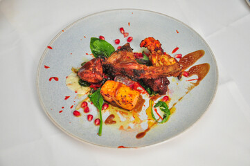 Tender grilled meat, elegantly arranged on a sleek gray plate. Include vibrant garnishes like pomegranate seeds, fresh spinach, and rich sauces drizzled artistically.