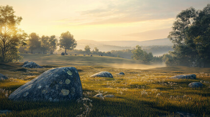 A peaceful Scandinavian Viking burial mound at sunrise, with rolling landscapes and detailed stone markers. v2