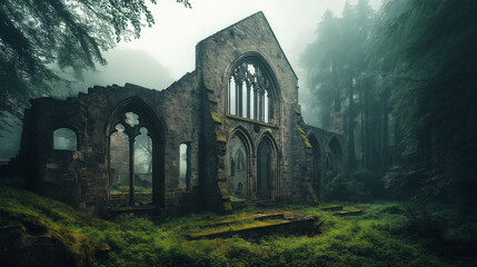 Fototapeta premium A historic European abbey in a misty forest clearing, showcasing ancient stone walls and Gothic windows in clear detail. v2