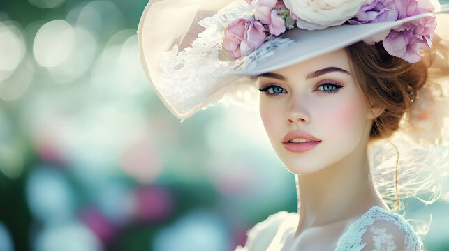 Beautiful woman in high society wearing a fancy hat at a horse race -