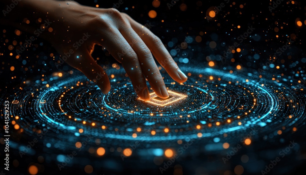 Poster Hand Interacting with Digital Interface of Glowing Circuitry