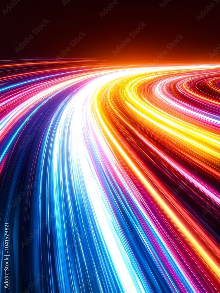Poster vibrant light trails in dynamic swirl of color reflecting energy and movement.