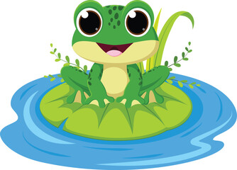 Frog sitting on a leaf in the pond, cartoon illustration isolated on white background