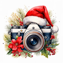 Christmas Photography camera with santa hat, Digital camera wearing Santa's hat for Christmas, christmas flowers