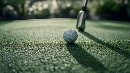 Close-up of golf club and ball on green -