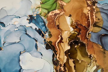 Flowing shapes and delicate metallic touches, abstract artwork on together rich tones and golden highlights. The liquid ink technique create fluidity, feeling of depth,  beauty