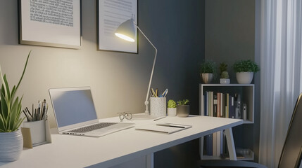 Modern Workspace With Laptop Desk Plants Stationery And Lamp Cozy Office Decor