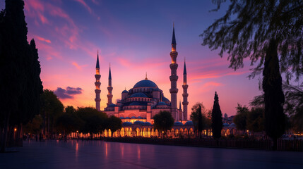 Obraz premium A scenic view of the Blue Mosque (Sultan Ahmed Mosque) in Istanbul at twilight.