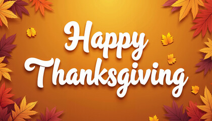 greeting card featuring the text "Happy Thanksgiving" in white with a 3D effect. The background is a solid orange, with fall leaves scattered around the edges.