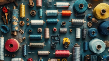 Fototapeta premium A surface densely covered with different sewing materials, including spools of thread, needles, and fabric, filling every inch of the frame with a handcrafted, creative feel.