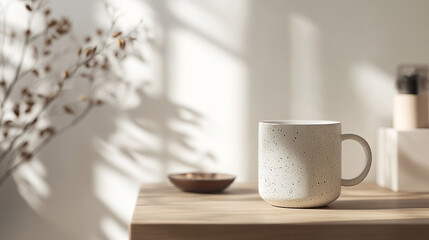 Fototapeta premium mug mockup, front view of the mug with focus on the smooth texture of a white ceramic : Generative AI