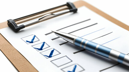 Completed checklist on a clipboard with a pen. Isolated on white background -